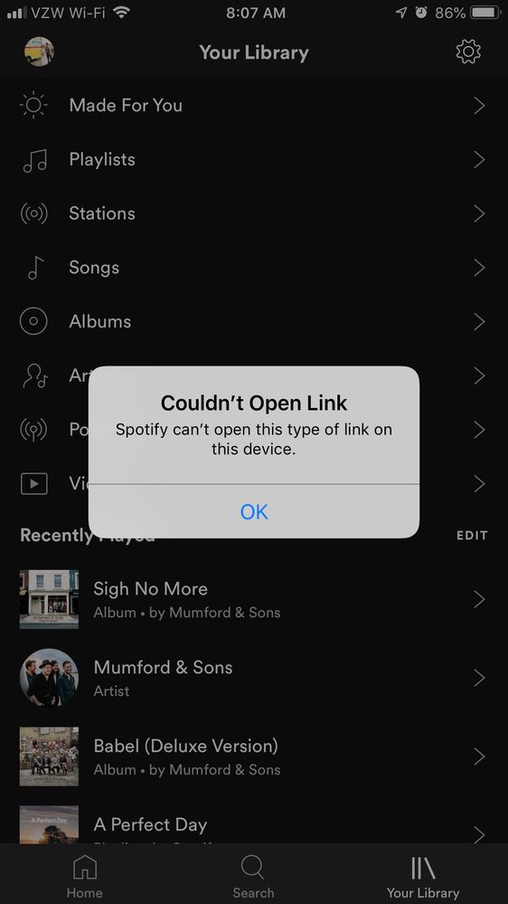 Error message when clicking "Albums"
