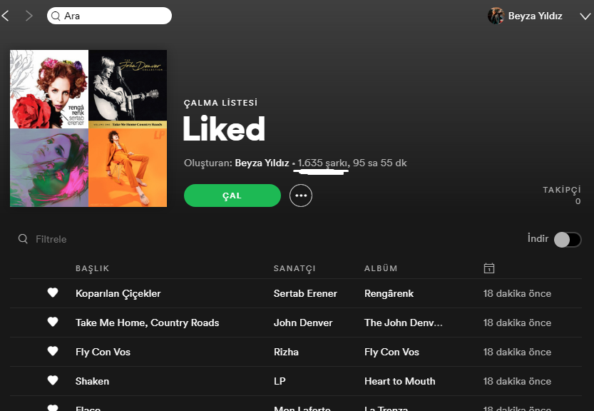 Screenshot of the playlist on my old account