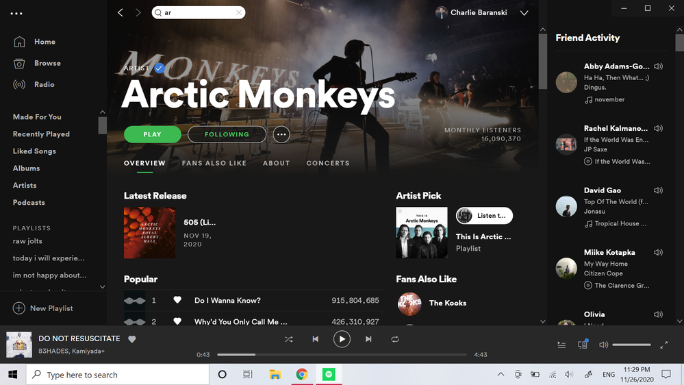 showing Arctic Monkeys as followed and in my library