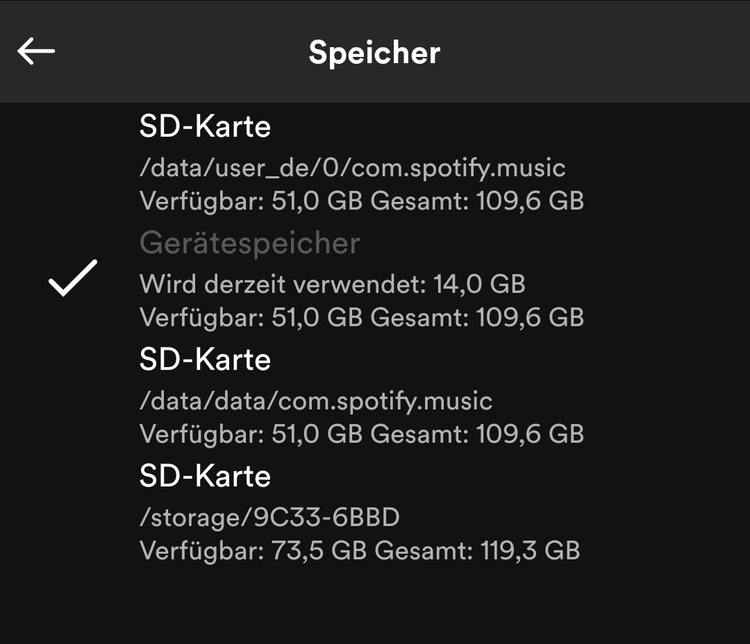 Multiple SD card storage options are shown in app The Spotify