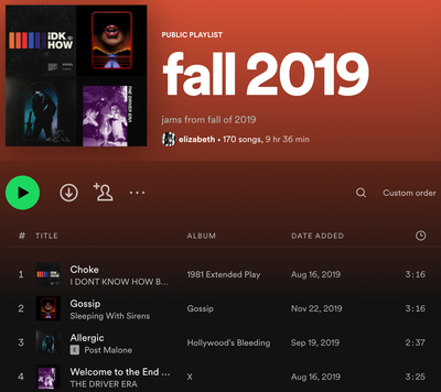 my "fall 2019" playlist, viewed from the playlist itself - playlist art is synced/accurate to the top track order
