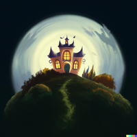DALL·E 2022-09-06 13.35.21 - digital Illustration of a Halloween house with quirky curly ornaments on a round small hill. Glaring lights coming out of th.png