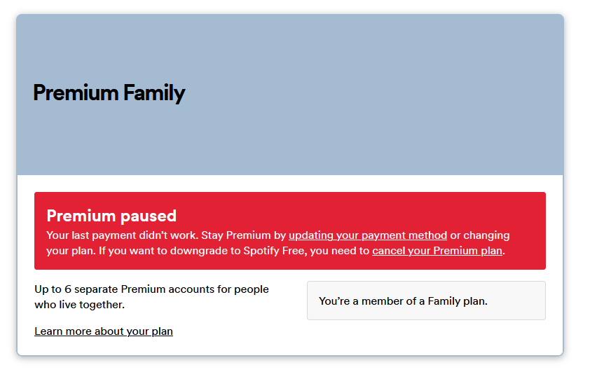 although im part of a family i get this message.. my account works perfectly fine on web player and desktop app tho