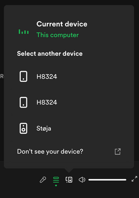 Spotify connect panel showing identical obscure device names for different devices