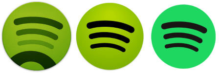 Image shows the evolution of the Spotify icon from it's early days till it's current design.