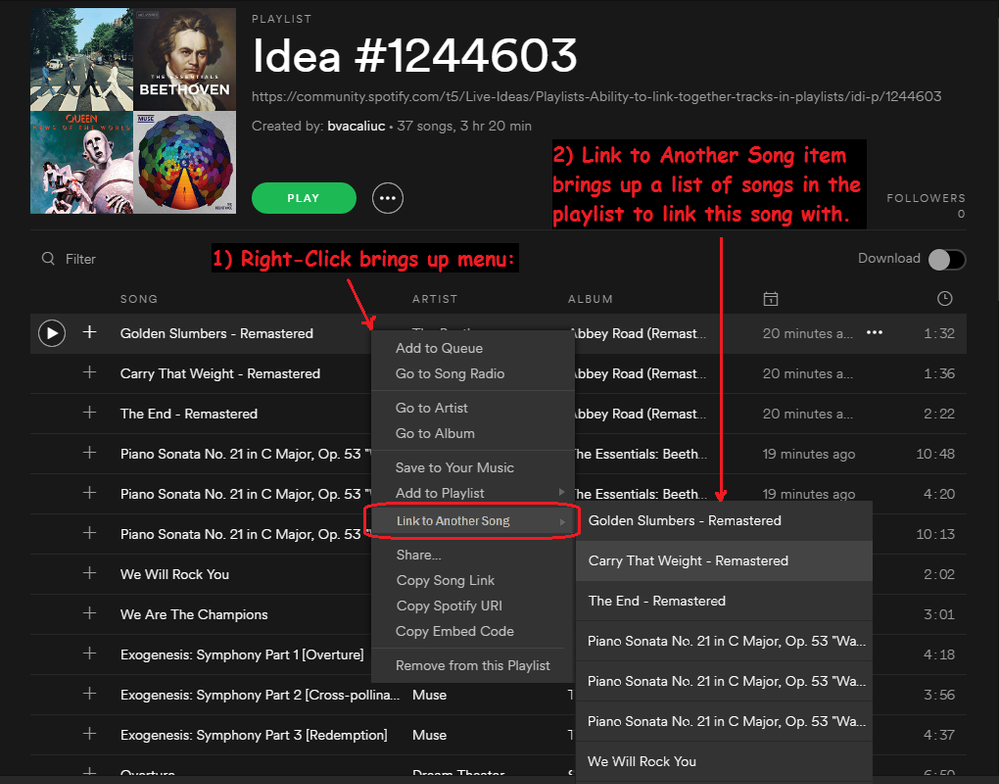 mock-up of how linking/pairing a song might work.