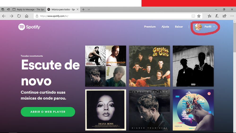 Once you're at spotify.com, you go to you profile! (Mine is in portuguese hahaha)