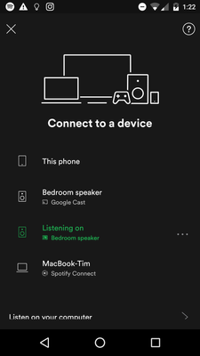In-app Spotify Connect screen (straight after starting to play through Google Assistant)