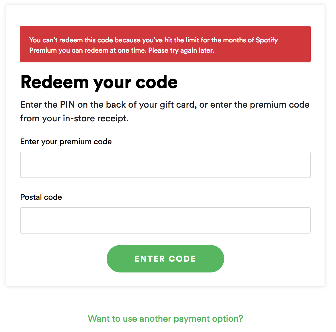 Redeemed one gift card, now I cannot redeem anothe... - The Spotify  Community