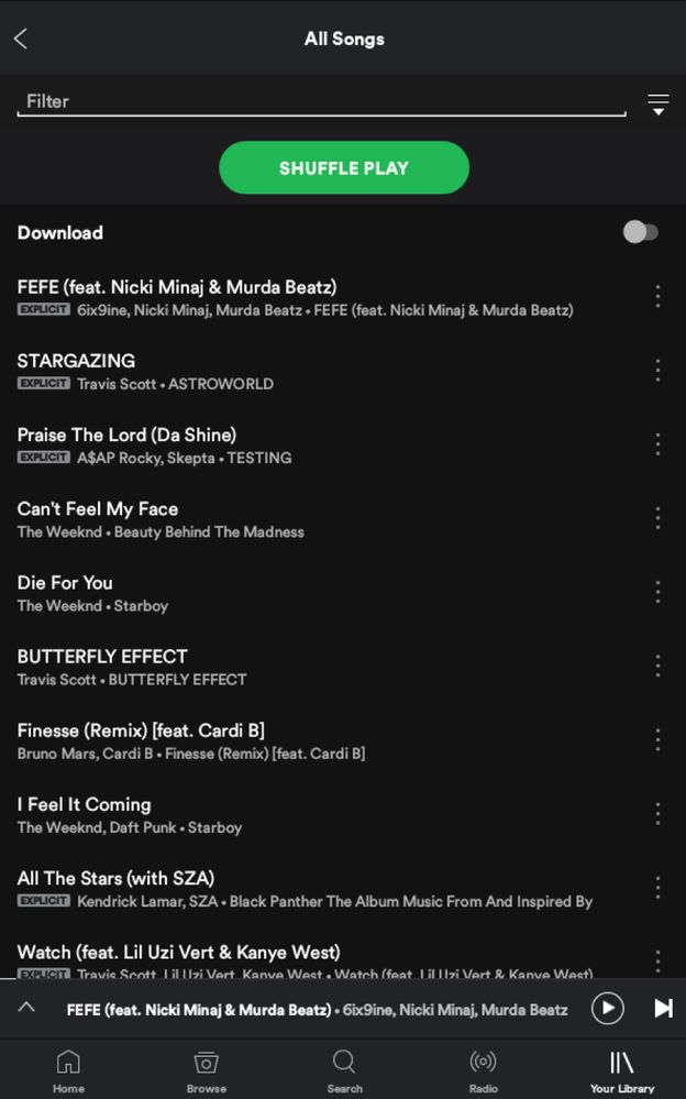 The search option inside the songs folder in Android