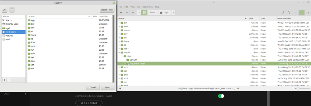 Spotify File manager on the left, Linux Mint's file manager on the right