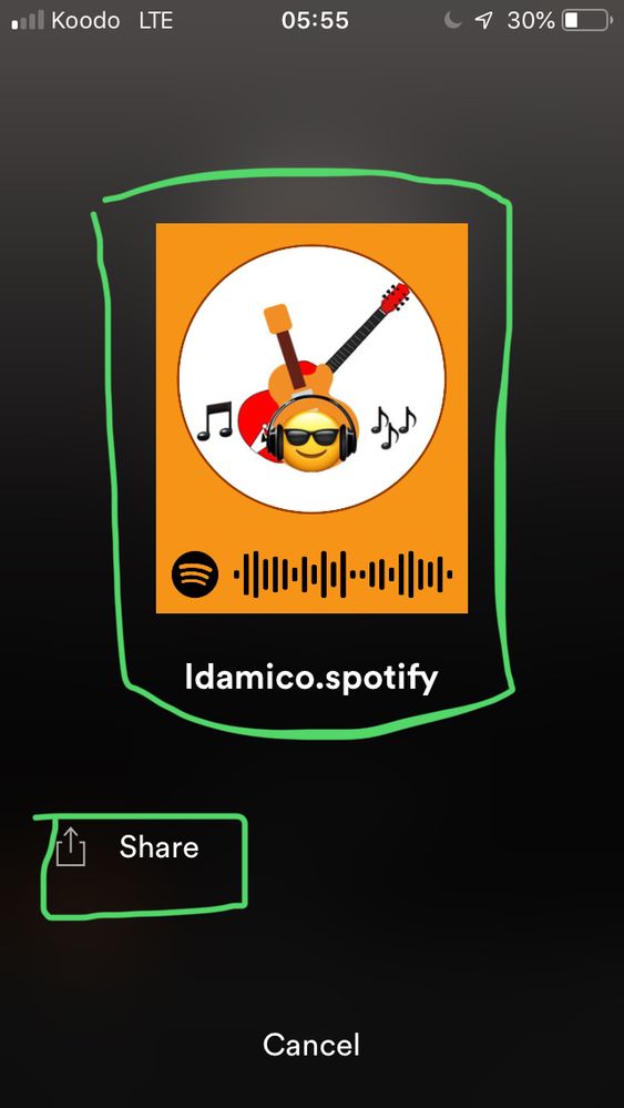 3: either tap the huge icon with the Spotify code at the bottom, or tap share.
