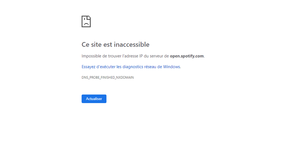 This is what is get when I try to access the web player ( This site is unreachable Can not find the IP address of the open.spotify.com server. Try to run Windows Network Diagnostics. DNS_PROBE_FINISHED_NXDOMAIN)