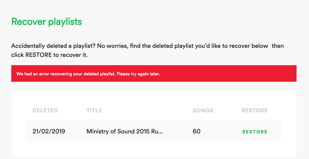 We had an error recovering your deleted playlist. Please try again later.